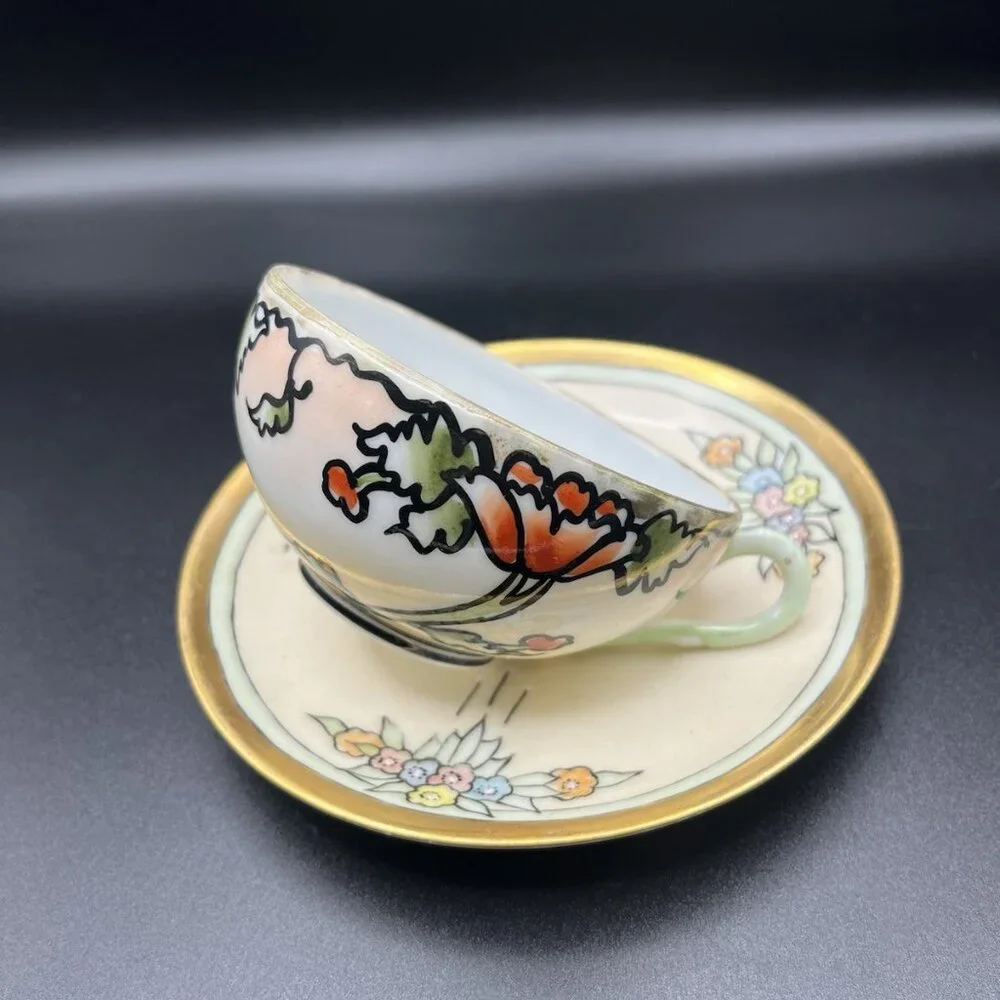 Antique Hand Painted Japan Teacup & Germany Porcelain Saucer Mismatched Art Deco